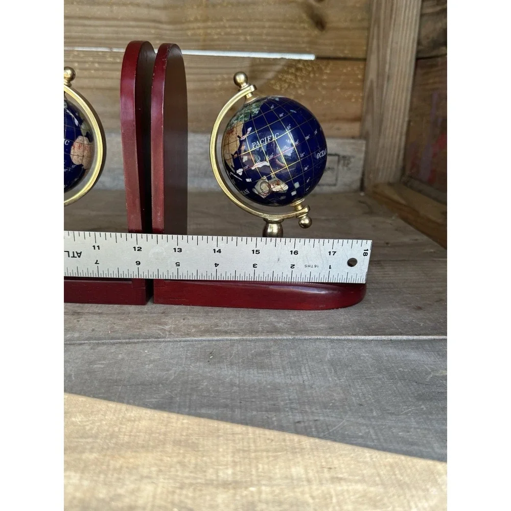 Vintage Gemstone World Globe Bookends, Brass meridian on Wood base